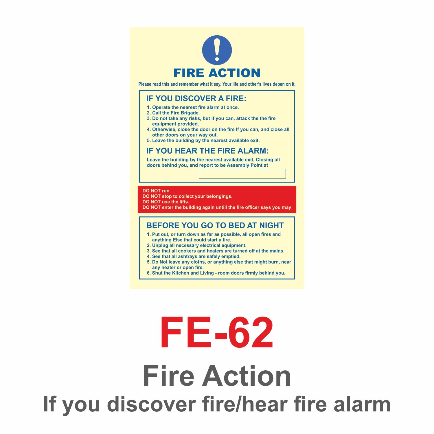 FE-62_Fire Action If you discover fire hear fire alarm_Signage