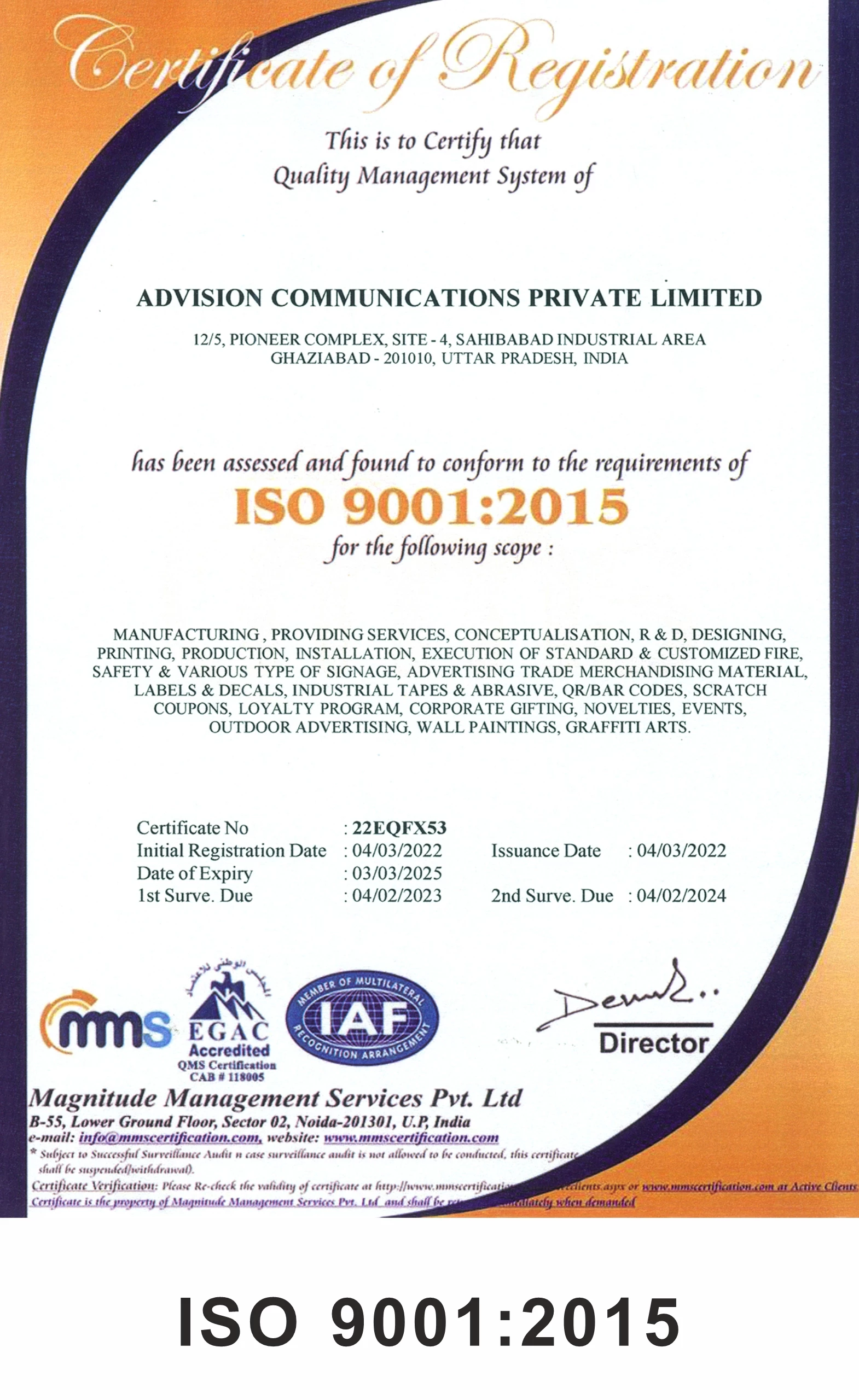 ISO 9001 x 2015 certificate